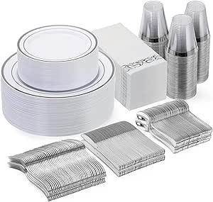 350 Piece Silver Dinnerware Set for 50 Guests, disposable Plastic Plates for Party, Include: 50 Silver Rim Dinner Plates, 50 Dessert Plates, 50 Paper Napkins, 50 Cups, 50 Plastic Silverware set