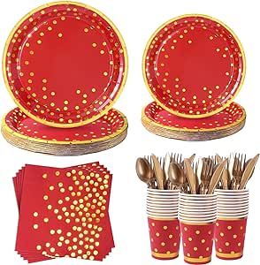 175Pcs Red Party Supplies Red Paper Plates Disposable Red Gold Party Decor Include Red Plates Cups Napkins Plastic Knives Forks Spoons for Burgundy Picnic Wedding Birthday
