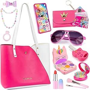 Christmas Brithday Gifts Little Girls Purse with Accessories and Pretend Unicorn Makeup Includes Handbag, Phone, Wallet, Play Makeup and More Pretend Play Toys for Girls Age 3 +, Great Gift for Girls
