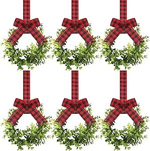 6 Pcs Christmas Kitchen Cabinet Wreaths Decorative Boxwood Wreaths with Ribbon Artificial Greenery Wreath Small Farmhouse Wreaths for Kitchen, 21.3 x 8.7 Inch (Red and Black Plaid)
