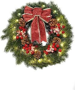 MorTime 16 Inches LED Christmas Wreath with Pinecones Red Berries, Red Bowknot Lighted Christmas Wreath with 40 LED Warm White Lights for Winter Holidays Home Decoration (Christmas)