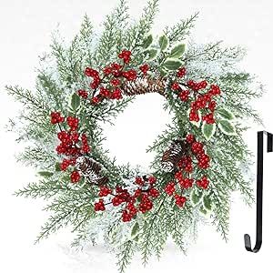 Christmas Wreath Decoration for Front Door, 18 Inch christmas door wreath outdoor wirh Artificial Pine Cones Berry ornament, Christmas Decor for Farmhouse Window Wall Party Fireplaces Porch Home Decor