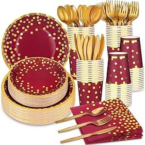 140 Pcs Burgundy and Gold Party Supplies Gold Dot Disposable Dinnerware - Paper Plates Napkins Cups Gold Plastic Forks Knives Spoons for Christmas Wedding Graduation Decoration