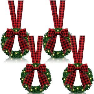 Jutom 4 Pcs Lighted Christmas Wreath 10 Inch Artificial Christmas Wreath with Plaid Ribbon Bow Farmhouse Cabinet LED Light Wreath for Windows Front Door Gate Party Chair Decorations (Red and Black)