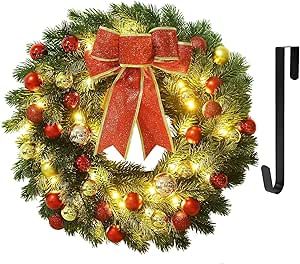 Juegoal 18 Inch Christmas Spruce Wreath with Colored Balls and Metal Hanger, Pre-Lit Battery Operated Warm White 47 LEDs Lights, Front Door Wreath X-max Decorations