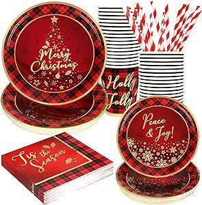 Christmas Paper Plates and Napkins Set Decorations for 24 Guests, Holiday Santa Claus Tableware with Cups and Straws, Disposable Merry Christmas Theme Party Decor