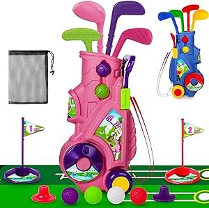 Golf Club Set for Kids, Indoor Outdoor Sports Toys for Girls Boys Ages 2 3 4 5 6 Year Old, Christmas Birthday Gift Kids 2-5, Toddler Golf Set with 4 Clubs, 8 Balls, 2 Practice Holes, Shoulder Strap