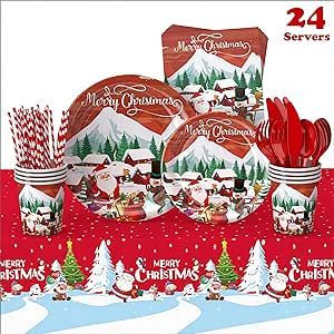 ENVEN 193 Pcs Merry Christmas Party Supplies Tableware Set Plates Napkins Cups-Christmas Party Plates and Napkins Sets-Disposable Paper Dinnerware Serves 24