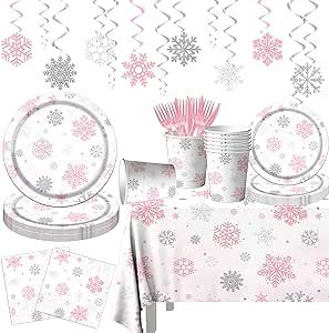 142pcs Christmas Snowflake Tableware Party Decoration Winter Snowflake Pink White Wonderland Theme Disposable Spiral Banner,Tablecloth,Plates,Napkins,Cups,Forks and Knives for Christmas Party Supplies