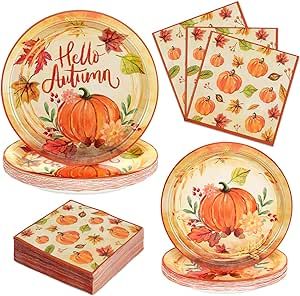Homlouue 200 PCS Fall Paper Plates and Napkins, Pumpkin Plates Paper for Fall Party Harvest Thanksgiving Home Decor, Fall Party Supplies Serve 50 Guests, Vintage Hello Autumn Pumpkin Design