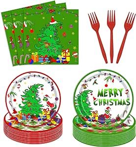 96pcs Merry Grinchmas Party Tableware Set, Xmas Winter Holiday Table Decorations Supplies for 24 Guests, Christmas Green Elf Plates Napkins Forks Parties Favors for Holiday Xmas Events