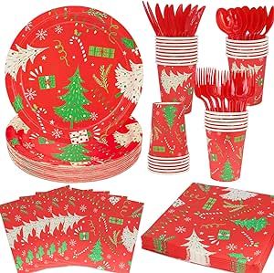 DYLIVeS 144 Pcs Christmas Tree Party Supplies, Red and Green Christmas Party Tableware Xmas Party Decorations Favors, Disposable 9'' Xmas Paper Plates and Napkins Sets Cups Cutlery, Serves 24 Guests