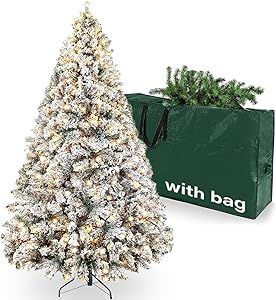 7d24hcare 6.5ft Pre-Lit Snow Flocked Christmas Tree, Artificial Xmas Tree W/Storage Bag, Metal Stand, for Home Office Party Decoration