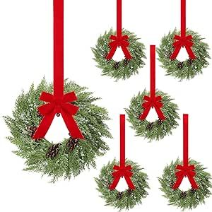 Barydat 6 Pcs Christmas Wreath Decorations Christmas Kitchen Cabinet Wreaths with Red Ribbon Mini Wreaths Farmhouse Decoration Artificial Hanging Garlands for Christmas Front Door Window Chair Wall