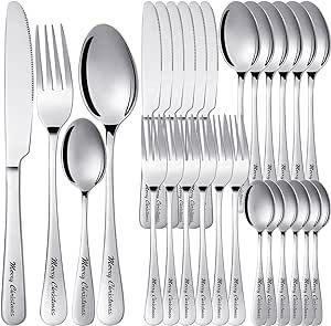Tioncy 24 Pieces Christmas Silverware Set Stainless Steel Flatware Set Forks Knives and Spoons Set Tableware Cutlery Set Christmas Utensils for Home, Restaurant, Dishwasher Safe (Silver)