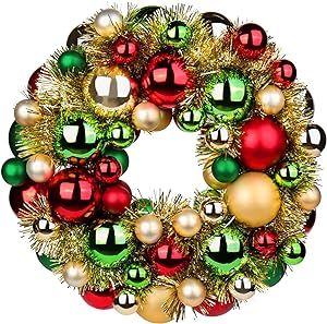 Christmas Ball Wreath 13" Xmas Wreaths Ornaments Glitter Thicken Shatterproof Garland Decoration for Door Wall Mantel Holiday Party Decor, Champagne Gold & Red & Green