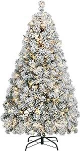 Yaheetech 4.5ft Pre-lit Artificial Christmas Tree with Incandescent Warm White Lights, Snow Flocked Full Prelighted Xmas Tree with 340 Branch Tips, 150 Incandescent Lights & Foldable Stand, White