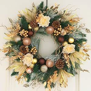 Christmas Wreaths for Front Door with Lights Pre-Lit, Soomeir 24“ Champagne Gold Door Wreath with Ball Ornaments, Battery Operated Holiday Thanksgiving Fall Winter Decor