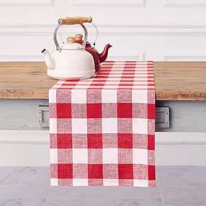 Solino Home 100% Pure Linen Table Runner 14 x 36 Inch – Buffalo Check Table Runner for Thanksgiving, Christmas – Handcrafted from European Flax and Machine Washable – Red and White