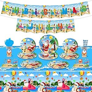Christmas in July Party Supplies Including Paper Plates Napkins Spoons Straws Santa Claus Tropical Coastal Tableware Set for Hawaiian Beach Party Pool Party Summer Holiday Party Supplies