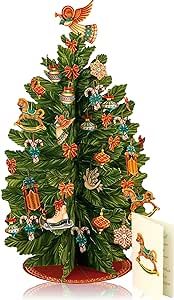 Freshcut Paper Pop Up Christmas Tree, 15 inch Holiday Tree Decoration & Centerpiece with Rustic Removable Ornaments, 3D Popup Tree with Blank Christmas Card & Envelope for Winter, Party Decorations