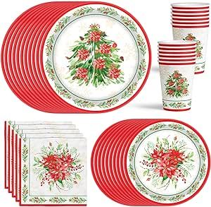 Christmas Party Dinnerware Sets Serves 16 Guests - Disposable Plates For Party - Paper Christmas Plates, Cups, Napkins - Perfect Tableware Set To Fit In Any Christmas Party Decorations