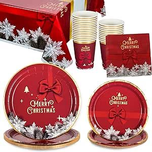 UVTQSSP Merry Christmas Tableware Party Bundle | Dinner & Dessert Plates Napkins Cups Tablecloth | Paper Disposable Kids