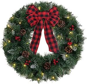 MEETYAMOR Christmas Wreath for Front Door, 24 Inch Large Flocked Pine Bowtie Wreaths for Home Outdoor Indoor, Battery Operated Prelit Christmas Door Decorations Winter Ornaments with Timer Led Lights