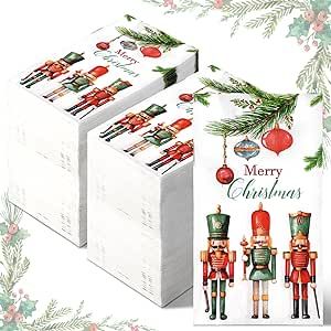 Sinmoe 200 Pcs Christmas Nutcrackers Guest Paper Napkin 2 Ply Disposable Hand Towel for Bathroom Merry Christmas Paper Napkin Dining Table Decoration for Xmas Party Winter Indoor Outdoor