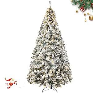 YouMedi 6.5ft Snow Flocked Artificial Christmas Pine Tree, Pre-Lit Artificial Christmas Tree with Warm White Lights for Home, Party Decoration, Metal Hinges & Base