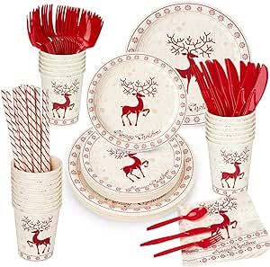 200 PCS Christmas Paper Plates and Napkins, Christmas Disposable Party Supplies Decorations, Christmas Tableware Set Include Dinner Plates, Dessert Plates, Cups, Napkins, Cutlery, Straws