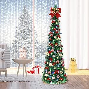 FHOZGECY Pop Up Christmas Tree, 5FT Collapsible Christmas Tree with 30 LED Multicolor Lights, Tinsel Pencil Christmas Tree with Ball Bowknot Gift Box for Indoor, Party, Xmas, Home,Office Decor