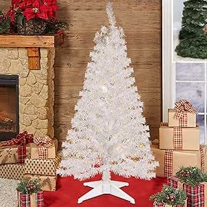 Juegoal 4 FT Pre-lit Artificial Christmas Tree, Lighted Tinsel Pencil Pine Spruce Trees with 70 Warm White LED lights, 8 Lighting Mode & Timer Function for Xmas Holiday Winter Home Party Decor (White)