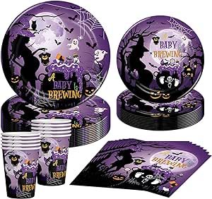 Halloween A Baby is Brewing Baby Shower Party Decorations- A Baby is Brewing Halloween Tableware ,Plates and Cups and Napkins Sets for Boy Girl Halloween Gender Reveal Party Supplies