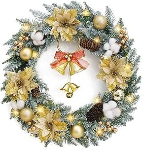 Veryhome Handcrafted Pine Needle Christmas Wreath with Pinecones and Gold Accents - Perfect Holiday Decor for Front Door Fireplace