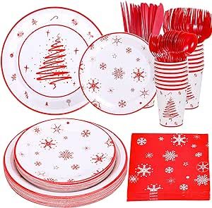 Decodinli Christmas party decorations, Christmas Disposable Plates, Cups and Napkins, Christmas Themed Party Supplies, Christmas Decoration Tableware Set Serves 25