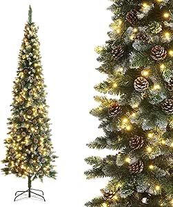 AORESAC 6.5ft Pre-Lit Pencil Christmas Tree for Home, Office, Party Decoration, Artificial Snow Flocked Design w/ 350 LED Lights & 699 PVC Branch Tips and Pine Cones, Metal Hinges & Base