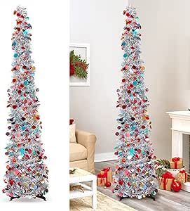 LHMTQVK Christmas Tree, 5Ft Artificial Christmas Tree Decorations Pencil Xmas Tree for Home Party Office Fireplace Holiday Decorations (Silver)