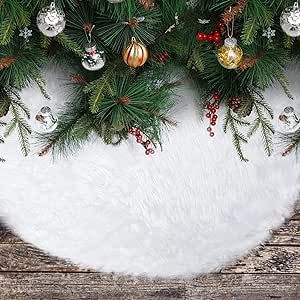 TomteNisse 59 Inches Christmas Tree Skirt, Faux Fur White Plush Skirt for Christmas Tree Decoration Merry Chris (59 INCH, White)