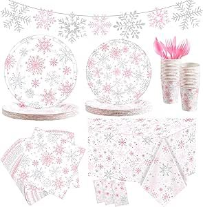Bokon 198 Pcs Snowflake Wonderland Birthday Party Supplies Tableware Set Include Snowflake Tablecloth Disposable Frozen Plates Frozen Napkins Cups Cutlery Banner for Christmas Baby Shower Holiday