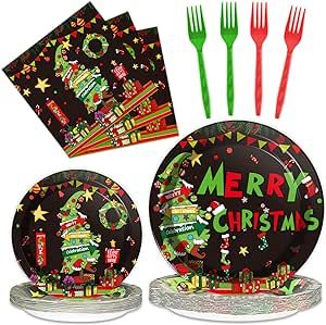 24 Guests Christmas Plates Napkins Set Merry Christmas Party Tableware Supplies Cartoon Theme Disposable Paper Dinner Dessert Plates Napkins for Holiday Xmas Events,96Pcs(Black)