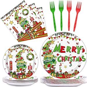 chiazllta 24 Guests Christmas Plates Napkins Set Merry Christmas Party Tableware Supplies Cartoon Theme Disposable Paper Dinner Dessert Plates Napkins for Holiday Xmas Events,96Pcs(White)