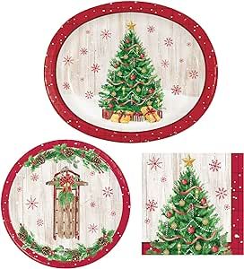 Christmas Party Supplies | Tableware Bundle Includes Oval Dinner Plates, Dessert Plates, & Napkins for 8 People | Vintage Christmas Design