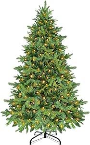 6 Ft Prelit Fraser Fir Artificial Full Christmas Tree with 330 Warm White Light 8 Mode Realistic Feel 908 PE & PVC Branch Tips Metal Stand UL Plug Premium Hinged Xmas Tree Indoor Outdoor Home Decor