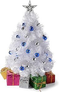 23-Inch Mini White Christmas Tree with Warm-White LED Lights - Small Christmas Tree with Lights - DIY Tabletop Christmas Tree with Star Treetop, Decorated Gift Boxes, and Hanging Ornaments