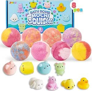 8 Pack Bubble Bath Bombs for Kids with Mochi Squishy, Surprise Toy Inside, Natural Essential Oil SPA Bath Fizzies Set, Kids Safe Christmas Gift for Boys and Girls