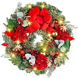 Vofuly Christmas Wreath for Front Door,22 Inch Luxury Red Gold Holiday Door Christmas Wreath, for Holiday and Decoration,Farmhouse Christmas Wreath with Hydrangea and 20 LED Lights