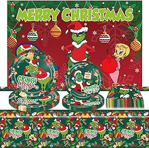 Grinch Christmas Party Supplies, Tableware Plates and Napkins Tablecloth Backdrop, Grinch Cindy Max Whoville Table Cover Background for Xmas, Grinch Stealing Christmas Party Holiday Decoration