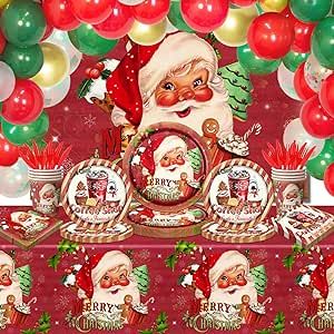 Christmas Party Decorations, 212Pcs Red Santa Christmas Tableware Christmas Balloons Pack,Christmas Dinnerware Set Plates Cups Napkins Backdrop Tablecloth for Xmas Holiday Party,