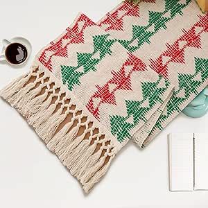 Rustic Christmas Tree Pattern Table Runner - Fall Table Runner Cotton & Linen with Tassel Fringe Christmas Table Runners Perfect for Farmhouse Decor Fall Kitchen Decor Baby Shower Decorations